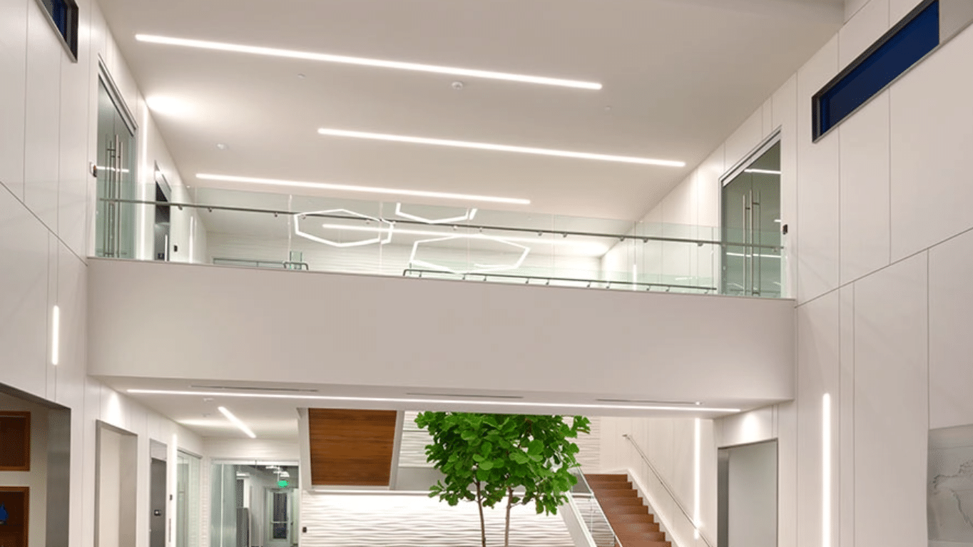 The hallway above the lobby inside ASEA Global Headquarters.