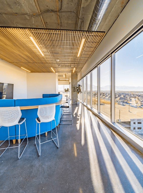 A hallway overlooking an outside view inside LifeVantage Corporate Headquarters.