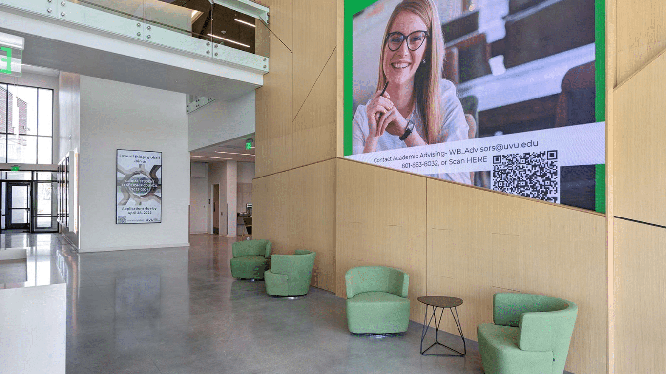 A view of Utah Valley University (UVU) Young Living Alumni Center lobby.